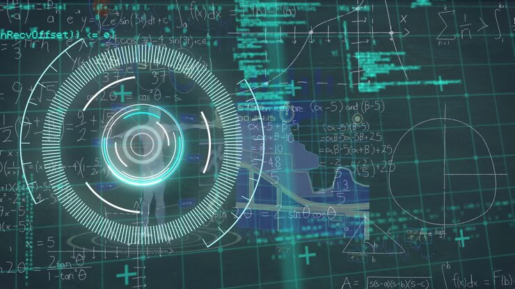 Animation of neon round scanner, data processing and mathematical equations on blue background