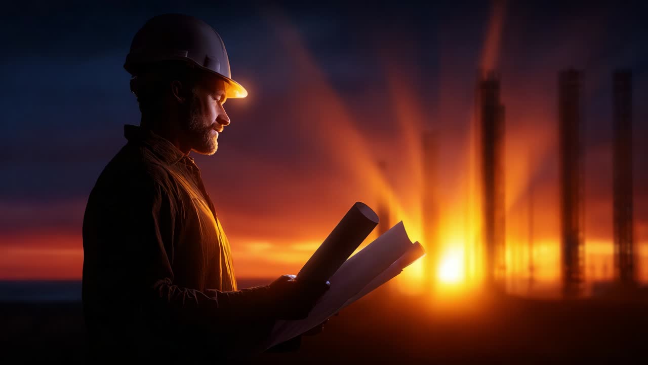 An Industry Professional Studies Blueprints at Sunset, Illuminated by the Vibrant Glow of an Orange and Yellow Horizon, Symbolizing the Intersection of Creativity and Construction in a Dynamic Landscape