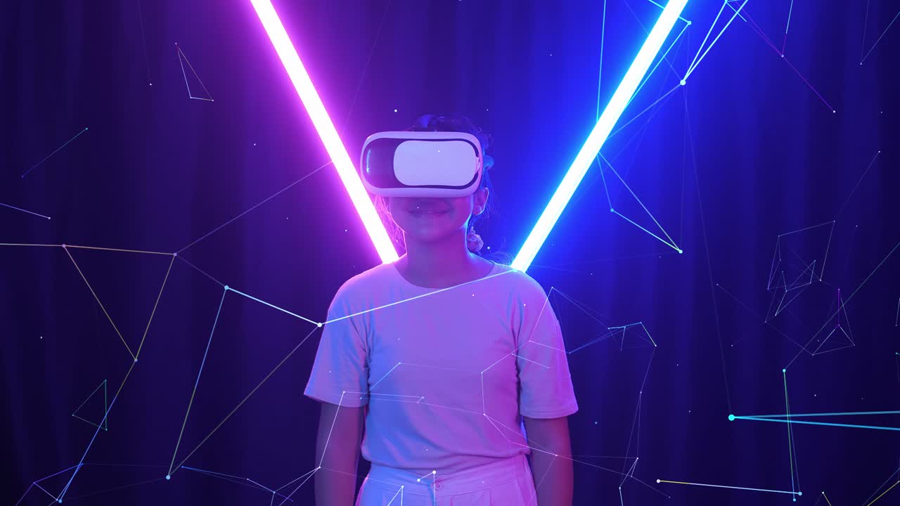 Vr, Futuristic, Entertainment Concept. Excited Asian Young Girl Using Virtual Reality Headset And Use Hand Slide With Neon Light At The Background