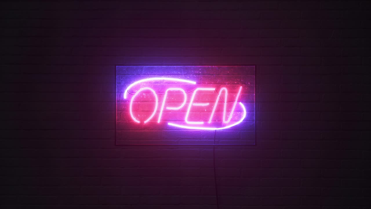 Open neon led sign banner. Luminous advertisement on brick wall background