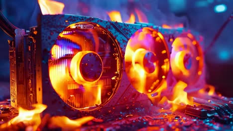 a close up of a computer motherboard with flames coming out of it