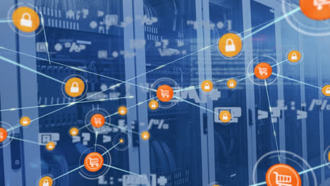 Animation-of-network-of-connections-with-digital-icons-and-data-over-computer-servers