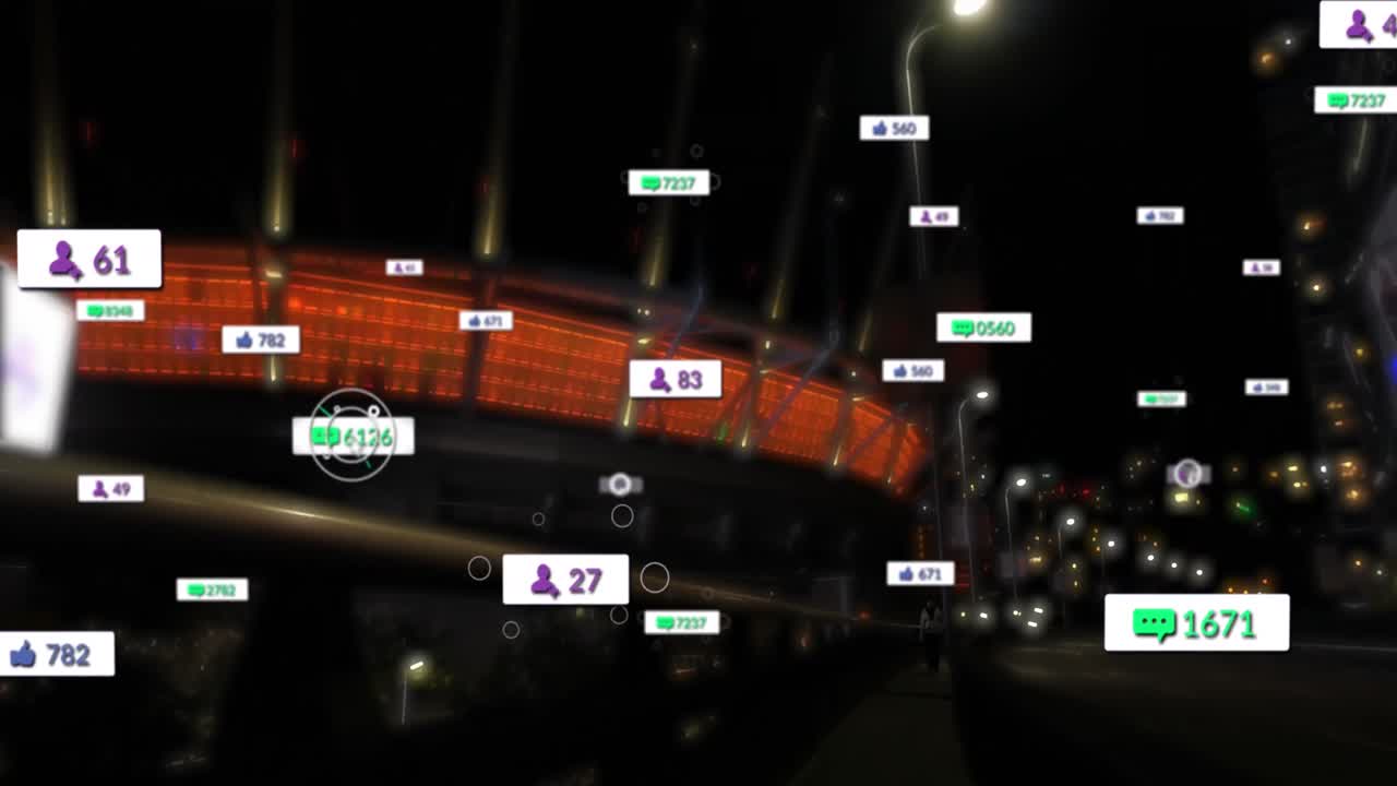 도로 교통과 도시 풍경에 대한 소셜 미디어 아이콘과 숫자의 애니메이션