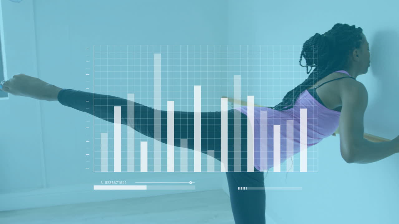 gráfico de barras y animación de análisis de datos sobre mujer estirando la pierna en el estudio de fitness