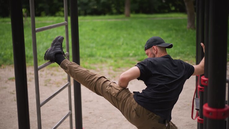 Park Calisthenics Caucasian Man Stretching Leg On Ladder Bars, Focused Balance And Strength Training, Cap Worn Backward, Khaki Pants, Green Trees Background, Gritty Urban Fitness Atmosphere, Muscle