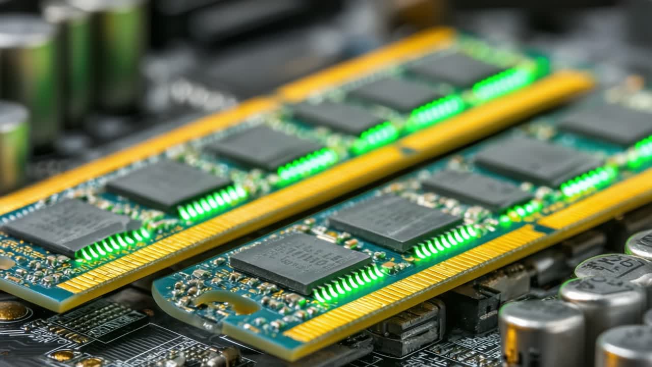 Detailed Close-Up of Computer Memory Modules Showcasing Advanced Technology in Electronics with Vivid Colors and Intricate Patterns in High-Resolution Imagery