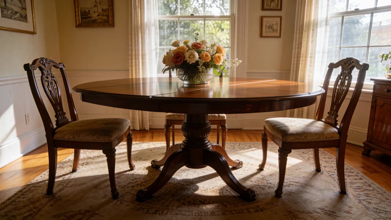 Shifting sunlight casting shade in home dining across round table, glass vase orange-cream bouquet