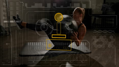 animation of charts processing data over fit caucasian woman working out at gym with exercise ball