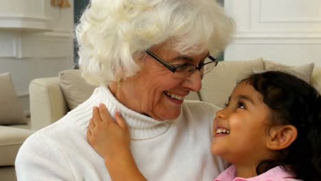 happy grandchild embracing her loving grandmother at home
