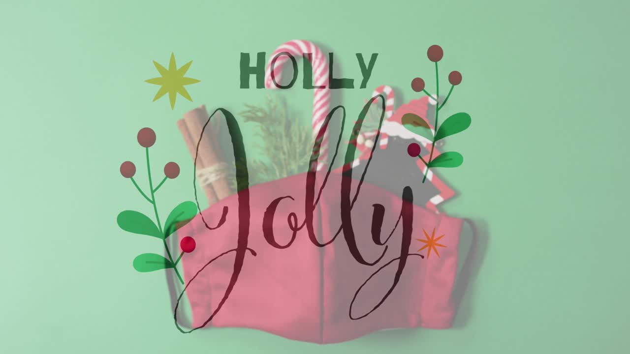 animación del texto de holly jolly sobre las decoraciones de navidad