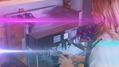 animación de puntos de luz sobre una mujer caucásica preparando café en una cafetería