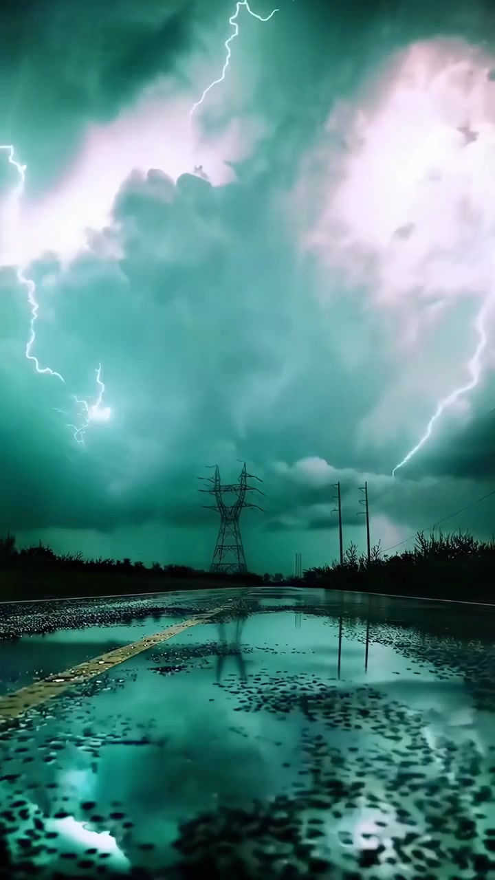 Tormenta eléctrica dramática sobre una carretera mojada con líneas eléctricas