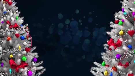 Animation-of-christmas-trees-over-fireworks-on-dark-background