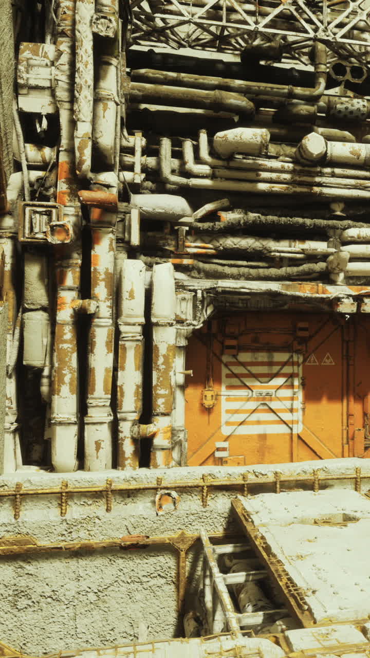 Metalrør og strukturer inde i et stort industriområde i dagtimerne.
