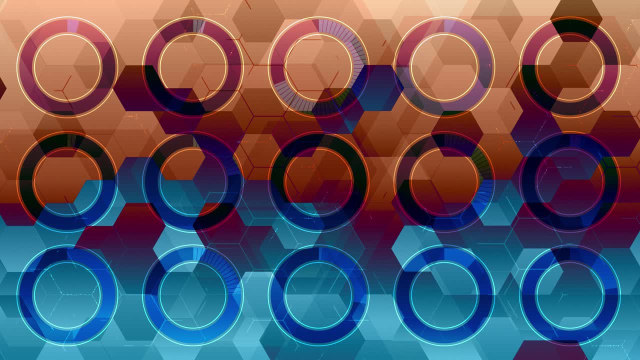 Loopable digital background design of multiple circular progress indicators with abstract backdrop of overlapping geometric hexagonal honeycomb shapes, complex metrics and computing, science and tech