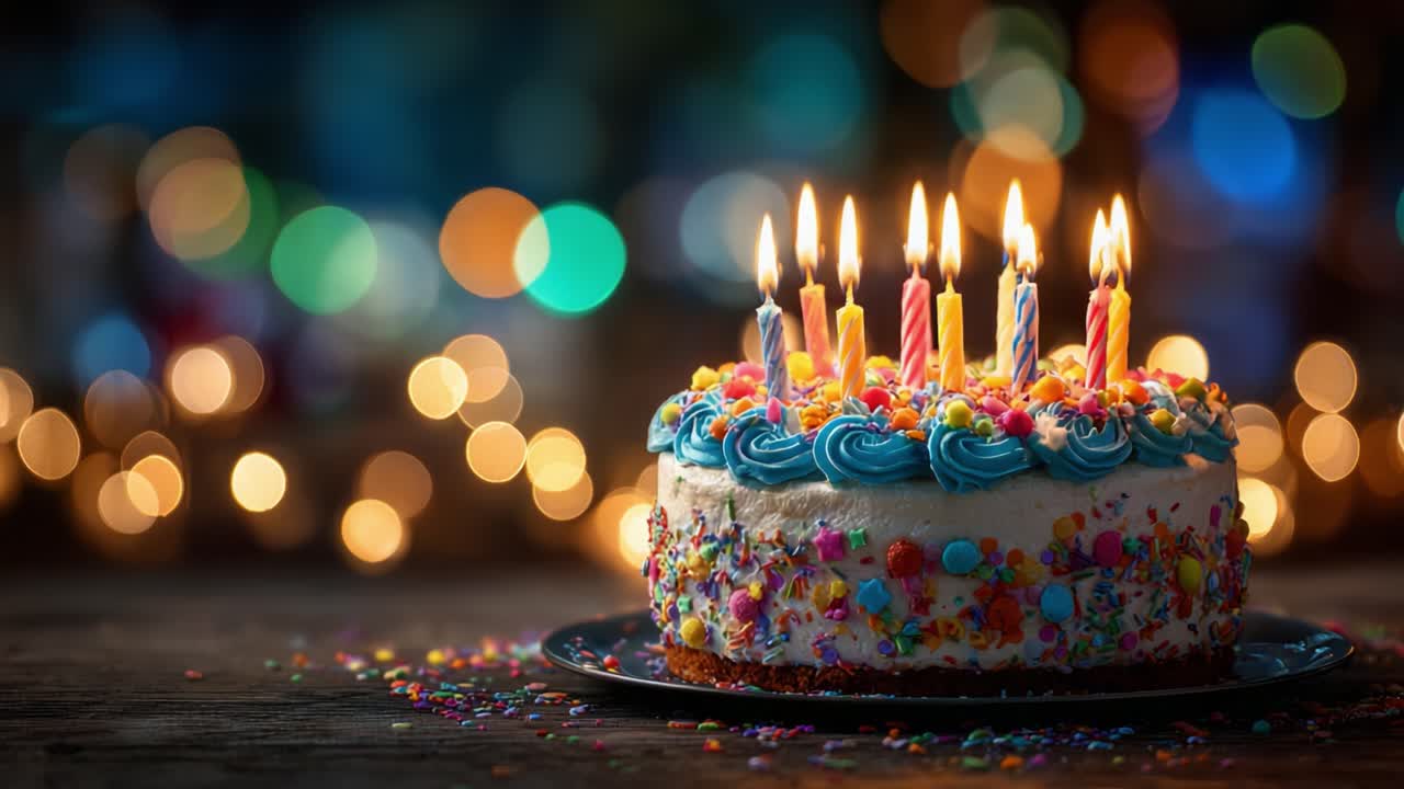 A beautifully lit birthday cake adorned with colorful sprinkles and vibrant candles, casting a warm glow amidst sparkling bokeh lights, perfect for celebrations and joyful moments