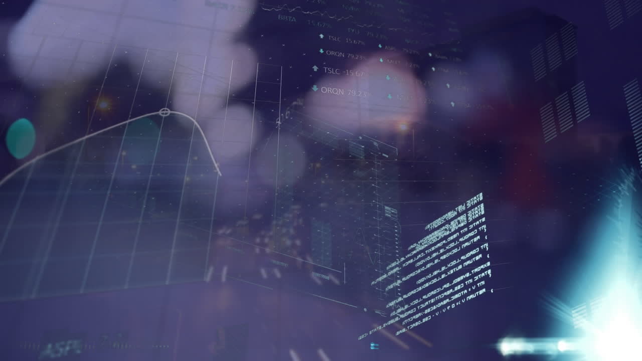Animazione di elaborazione di dati e grafici diversi su traffico stradale notturno sfocato
