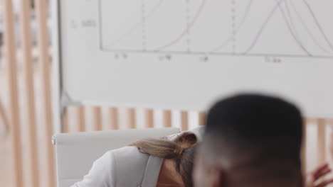 happy business woman crying tears of joy laughing in boardroom meeting enjoying funny joke having fun with colleagues in office