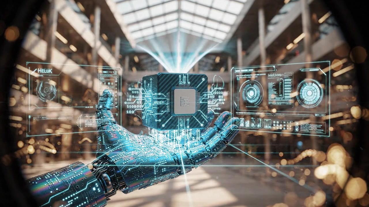 A futuristic metallic hand displays a floating technology chip amidst a spacious, modern architectural setting, highlighting innovation and robotic advancement.