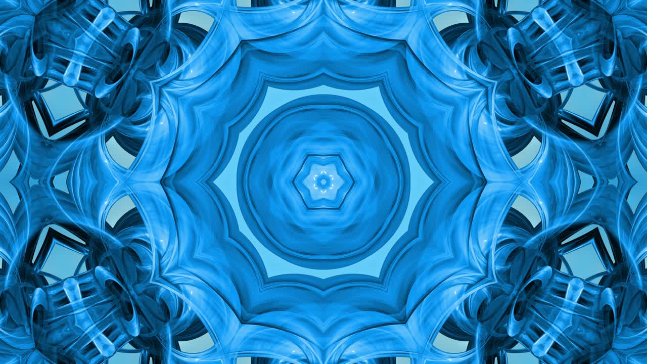 animación en bucle 3d, un fondo abstracto con cintas azules girando y formando estrellas o copos de nieve como con un efecto caleidoscópico.