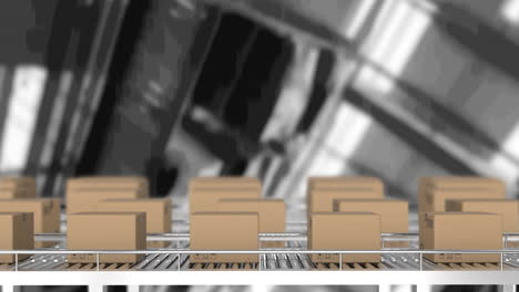animación de cajas de cartón que se mueven en cintas transportadoras en el almacén