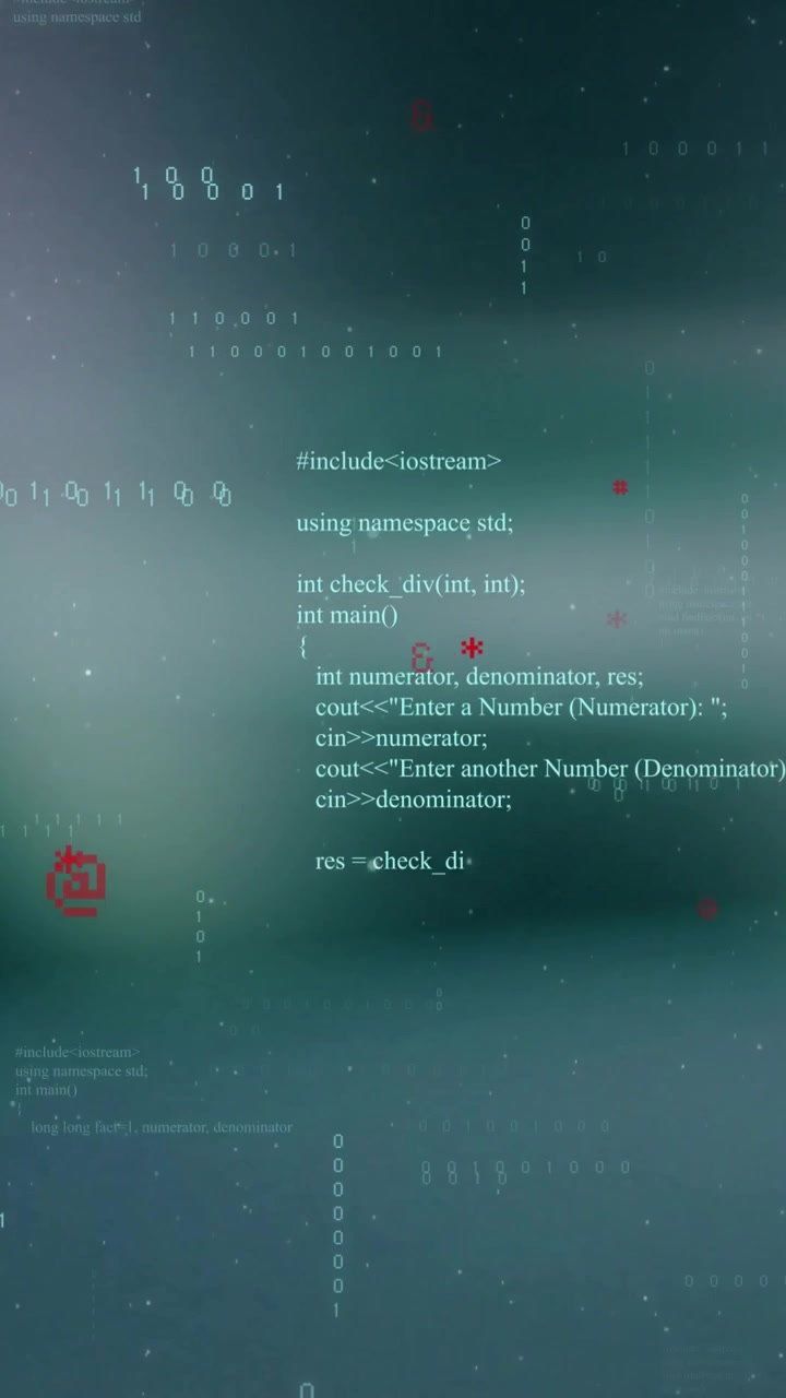 Vertical video: Soft band rising, code moving and clearing, binaries falling, revealing C++ code