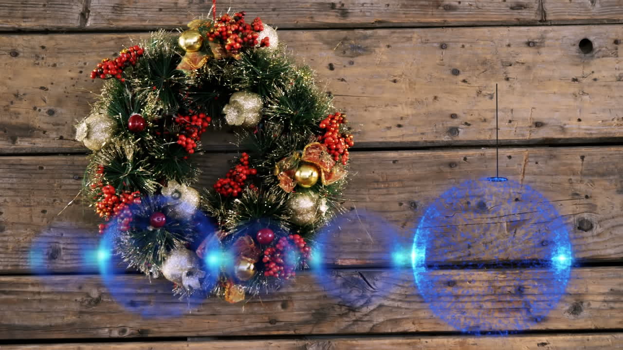 animación de burbujas que se mueven sobre la corona de navidad en superficie de madera