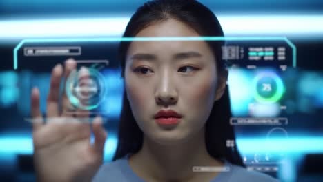 woman interacting with a futuristic digital interface