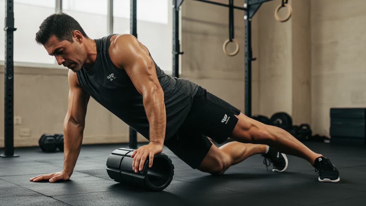A Dedicated Athlete Engaging in Foam Rolling Exercise to Enhance Recovery and Flexibility in a Modern Fitness Studio Setting.