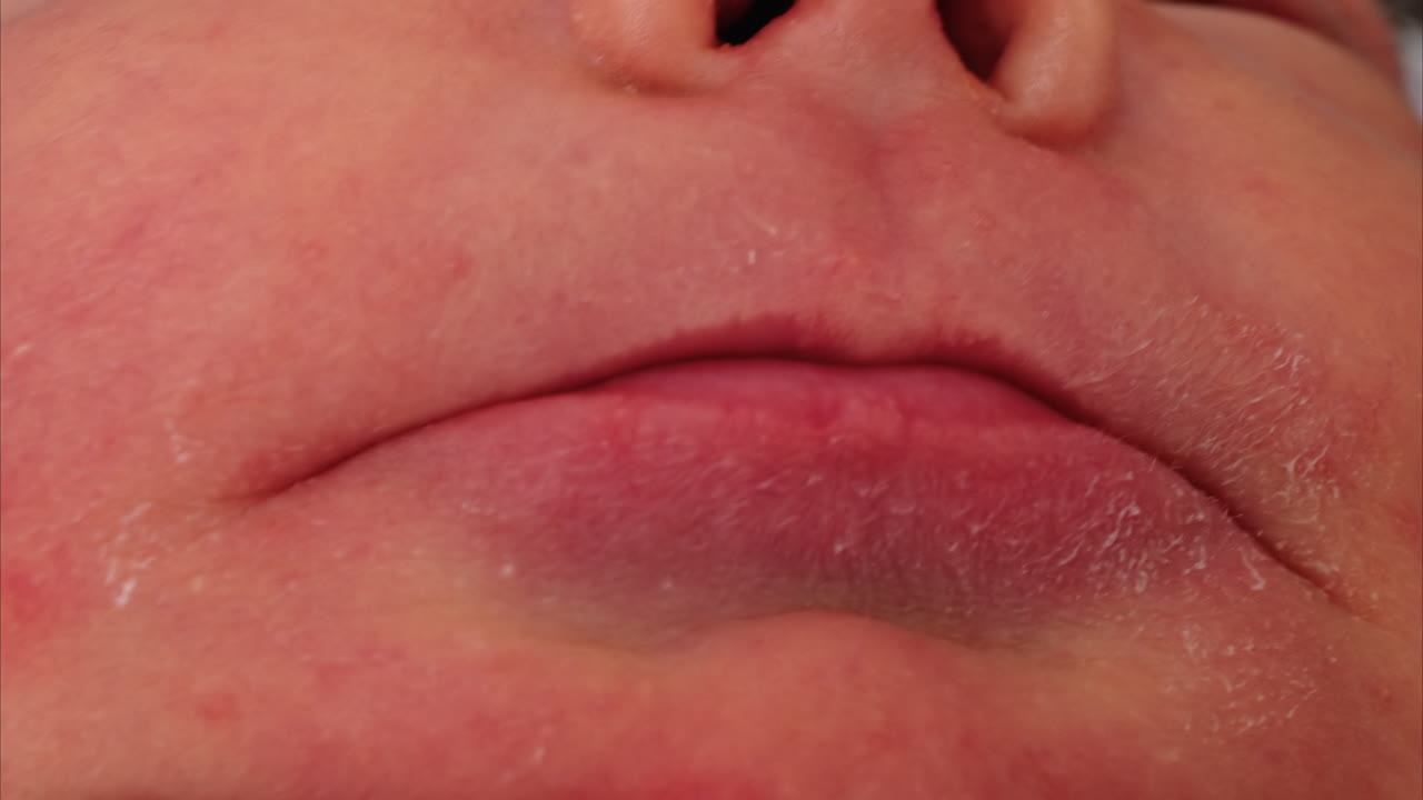 Primo piano delle piccole labbra rosse di un neonato in una tenue luce naturale