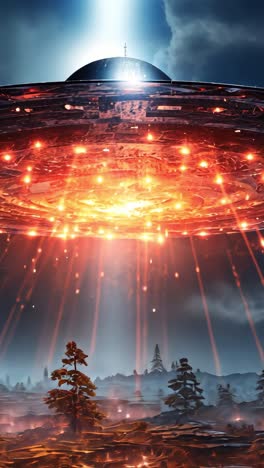 alien spacecraft hovering over a volcanic landscape at night