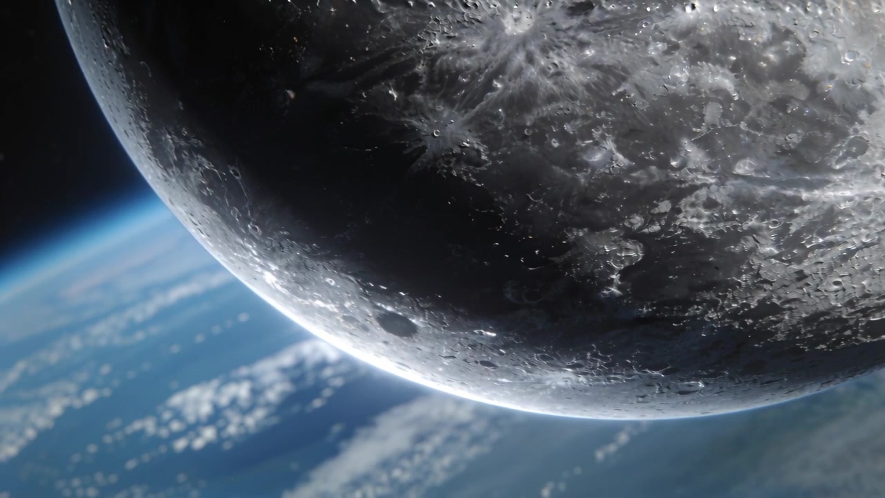 Telecamera panoramica che mostra la Luna che si sposta vicino alla Terra, rivelando il terminatore, il bordo terrestre e le nuvole.