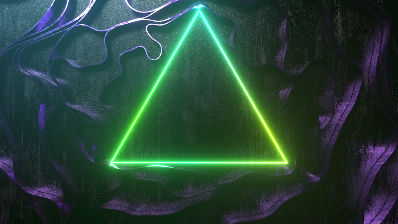 абстрактный неоновый фон. яркий неоновый треугольник взаимодействует с динамическими полосами. современное ультрафиолетовое неоновое освещение. зеленый спектр.