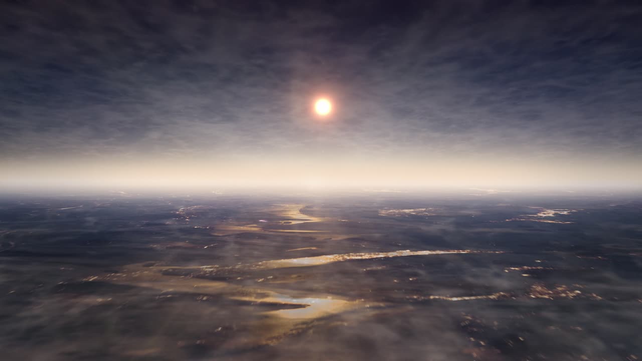 구름진 물 표면에 있는 지구 행성의 지평선, 원활한 루프