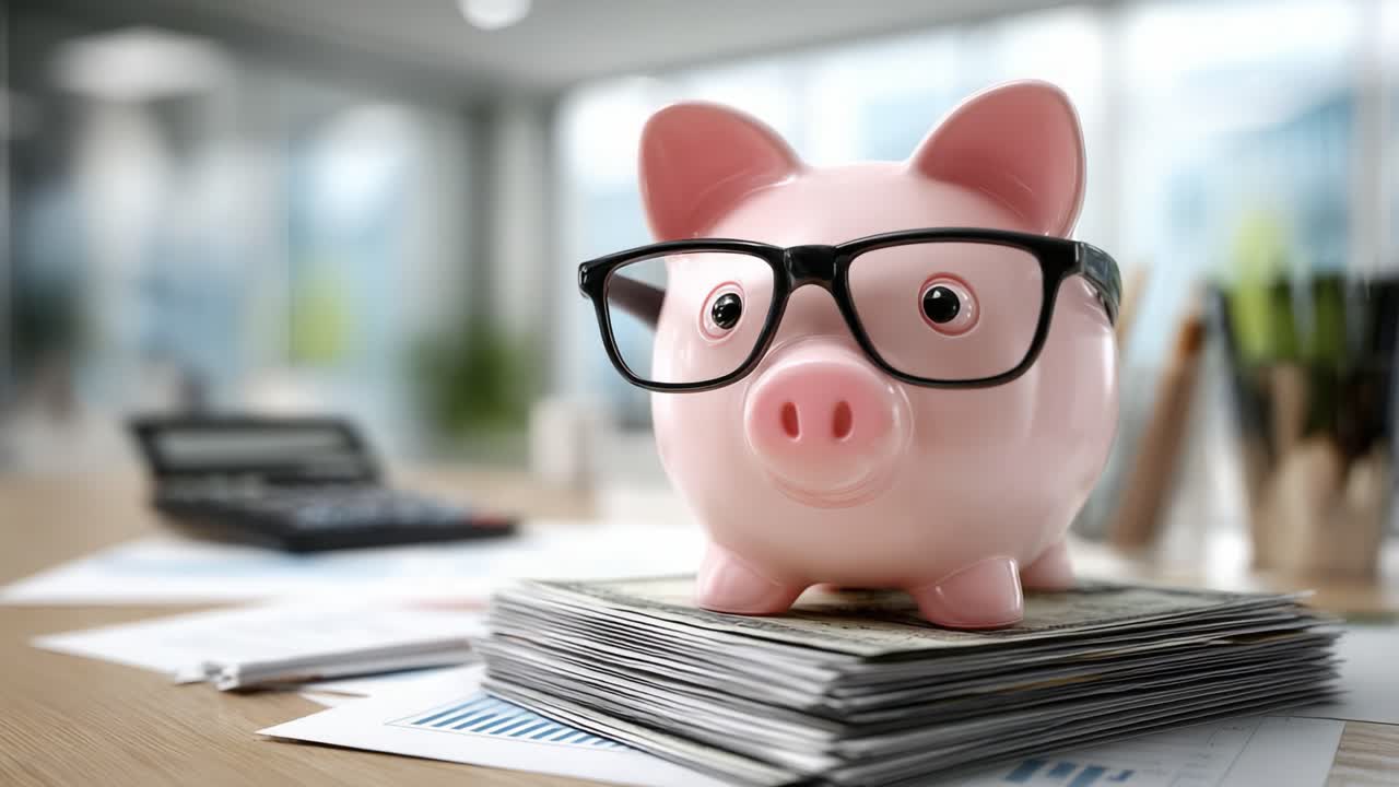 A Thoughtful Piggy Bank with Glasses Surrounded by Financial Documents, Symbolizing Saving and Smart Money Management in a Modern Office Setting
