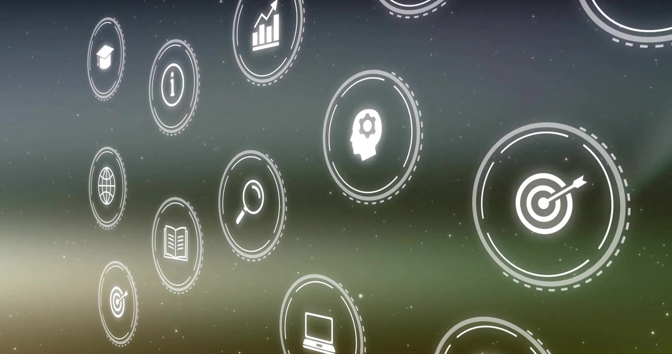 Camera panning and zooming triggers floating hologram icons rotating to highlight digital interface