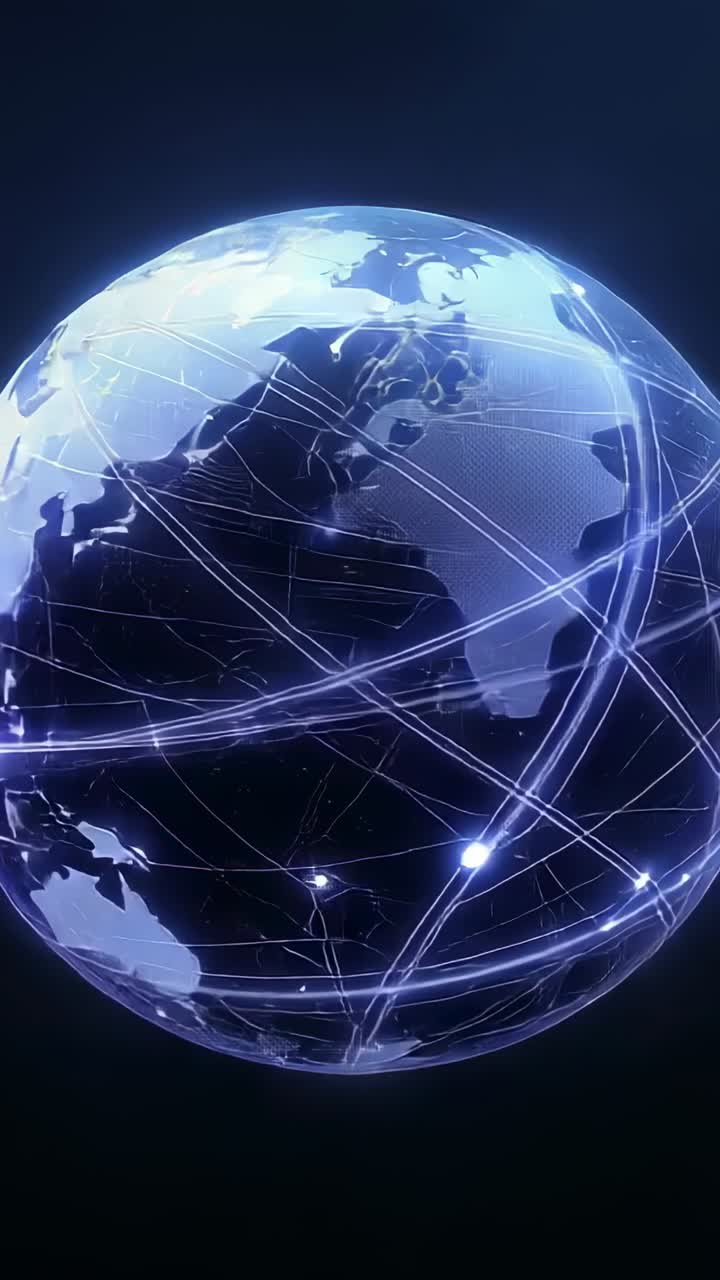 Vertical video: Rotating hologram globe on start in dark void, showing data flow via arcs, nodes