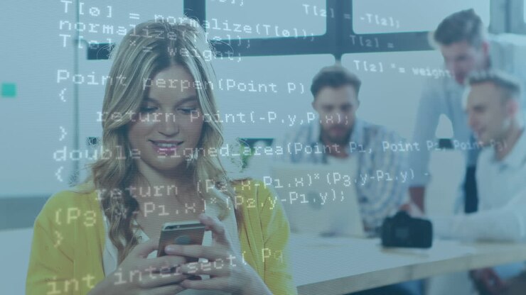 Animation of data processing against caucasian woman using smartphone and smiling at office