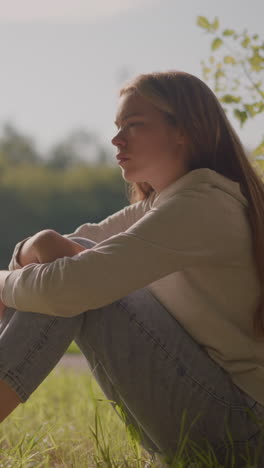 vista lateral de cerca de una mujer sentada en un campo de hierba, profundamente perdida en sus pensamientos, con la luz del sol iluminando su cara y los brazos plegados sobre sus rodillas, los postes borrosos del estadio y la vegetación en el fondo