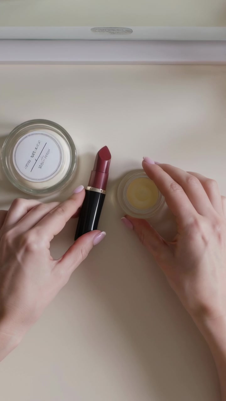 Vertical video: Entering arm moving hands placing lip, opening balm and candle jars, vanity styling