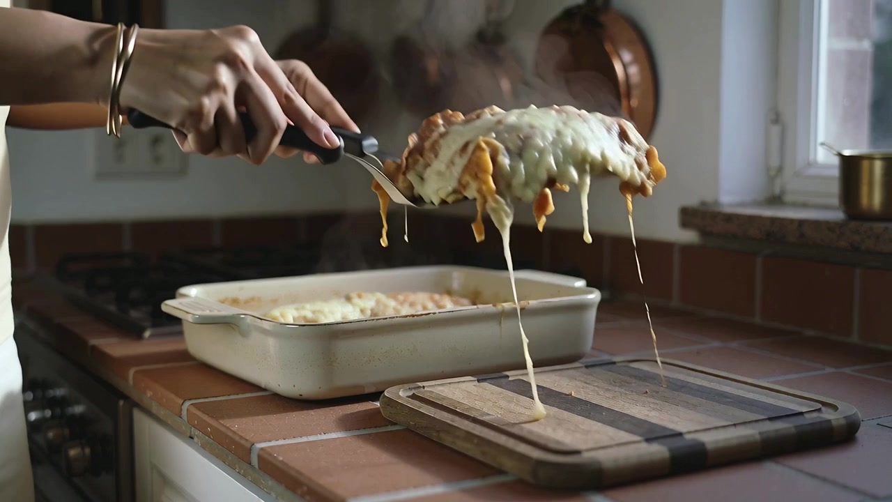 Posicionando espátula sob caçarola com queijo em casa, mãos levantando e colocando sobre tábua de madeira para servir