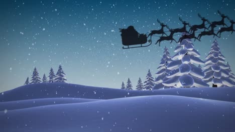 Animation-of-santa-claus-in-sleigh-with-reindeer-over-snow-falling,-red-spots-and-winter-landscape