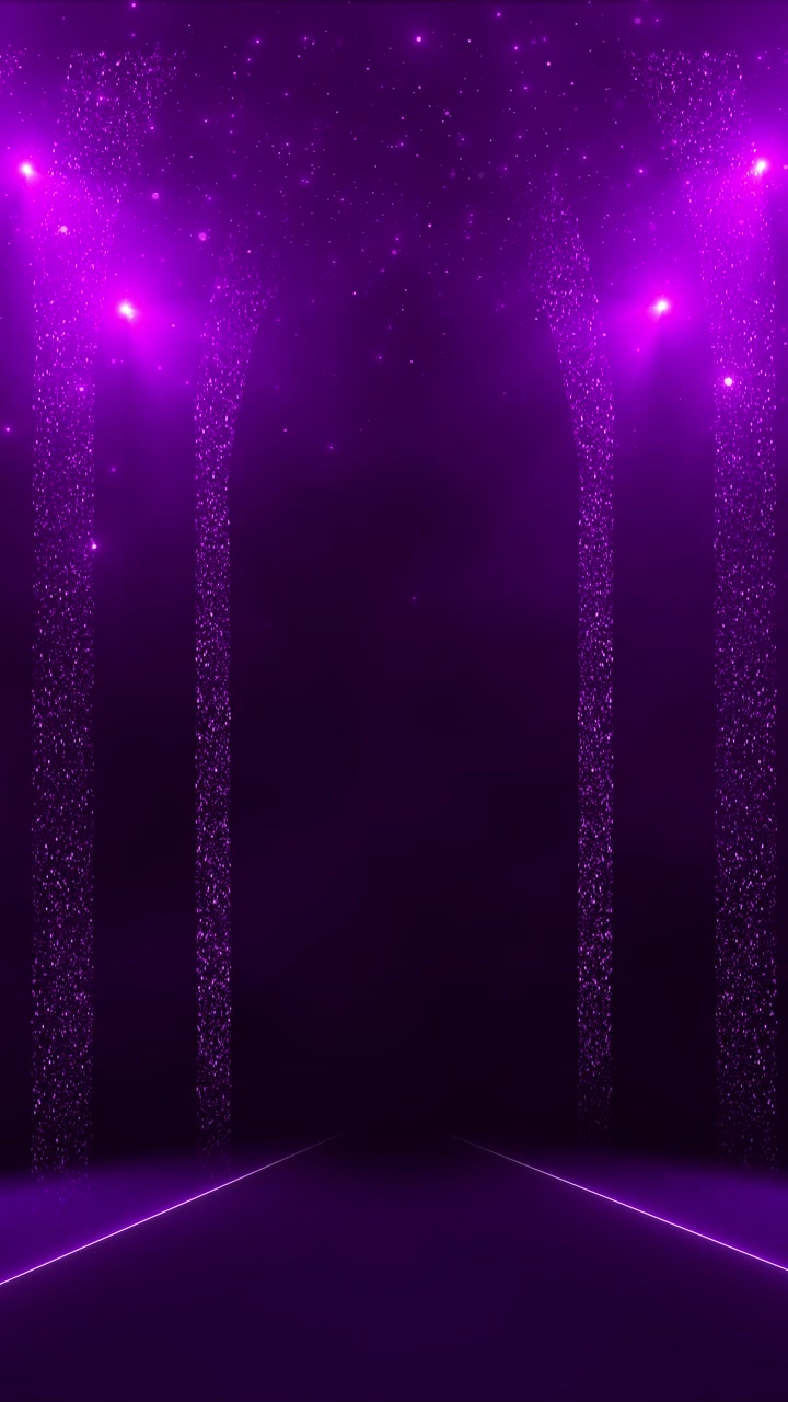 Purpurová fantazijní scéna, vizuál, osvětlené podlahové linie, třpytivé oblouky, zářivé paprsky, atmosférické