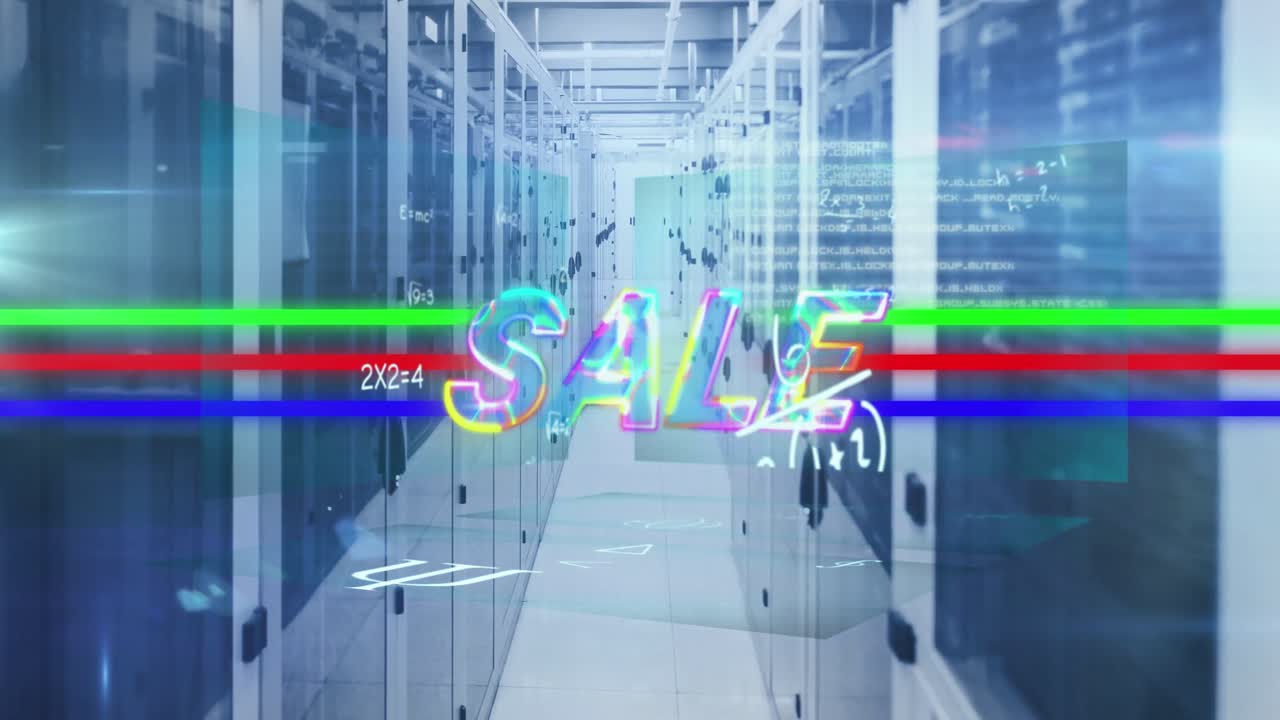 컴퓨터 서버  ⁇ 에 대한 판매 텍스트 배너와 수학 방정식의 애니메이션