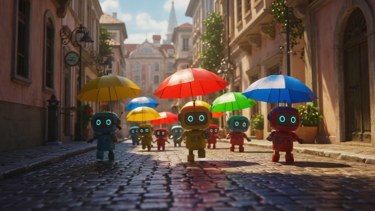 A colorful parade of cheerful robots carrying vibrant umbrellas strolls through a picturesque cobblestone street, casting shadows and reflecting joy in a charming cityscape