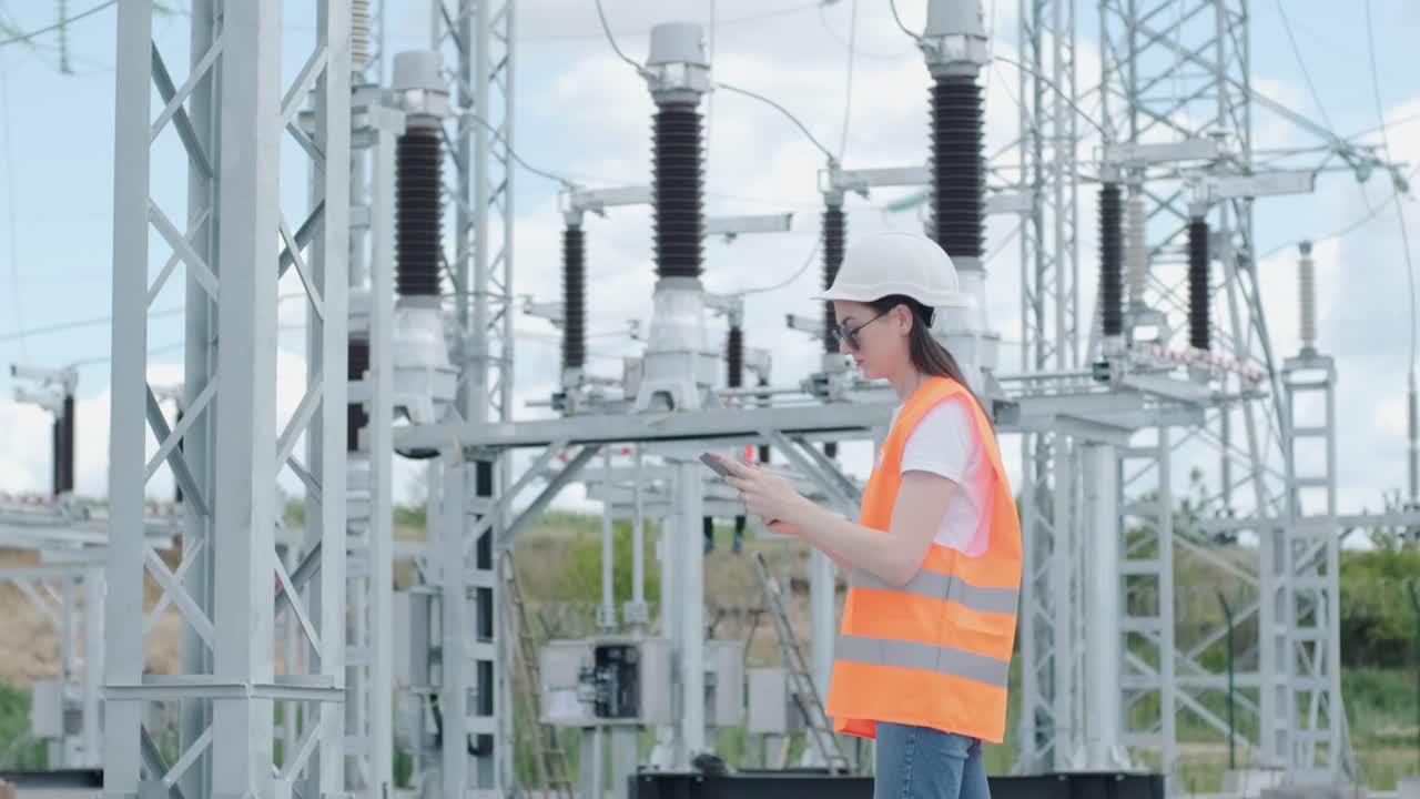 엔지니어링 직원은 현대적인 전기 서브 스테이션을 둘러보고 검사합니다.