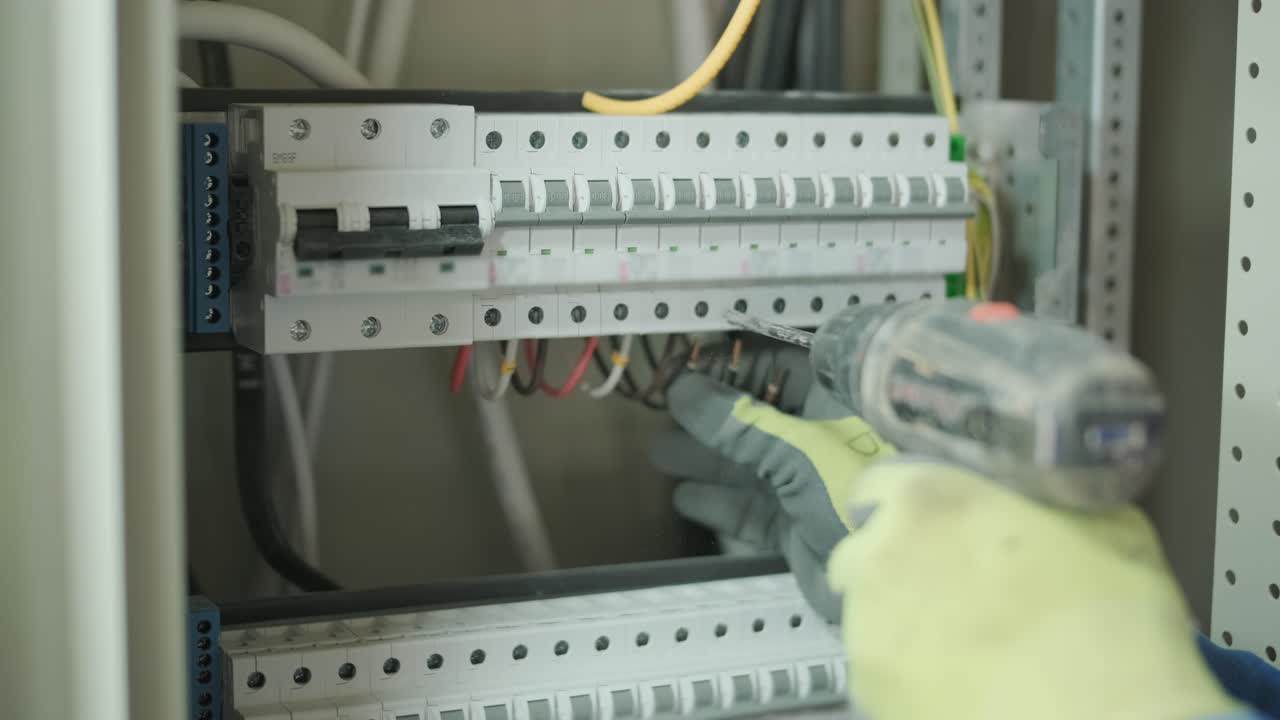 electricista trabajando en interruptores dentro del panel de control