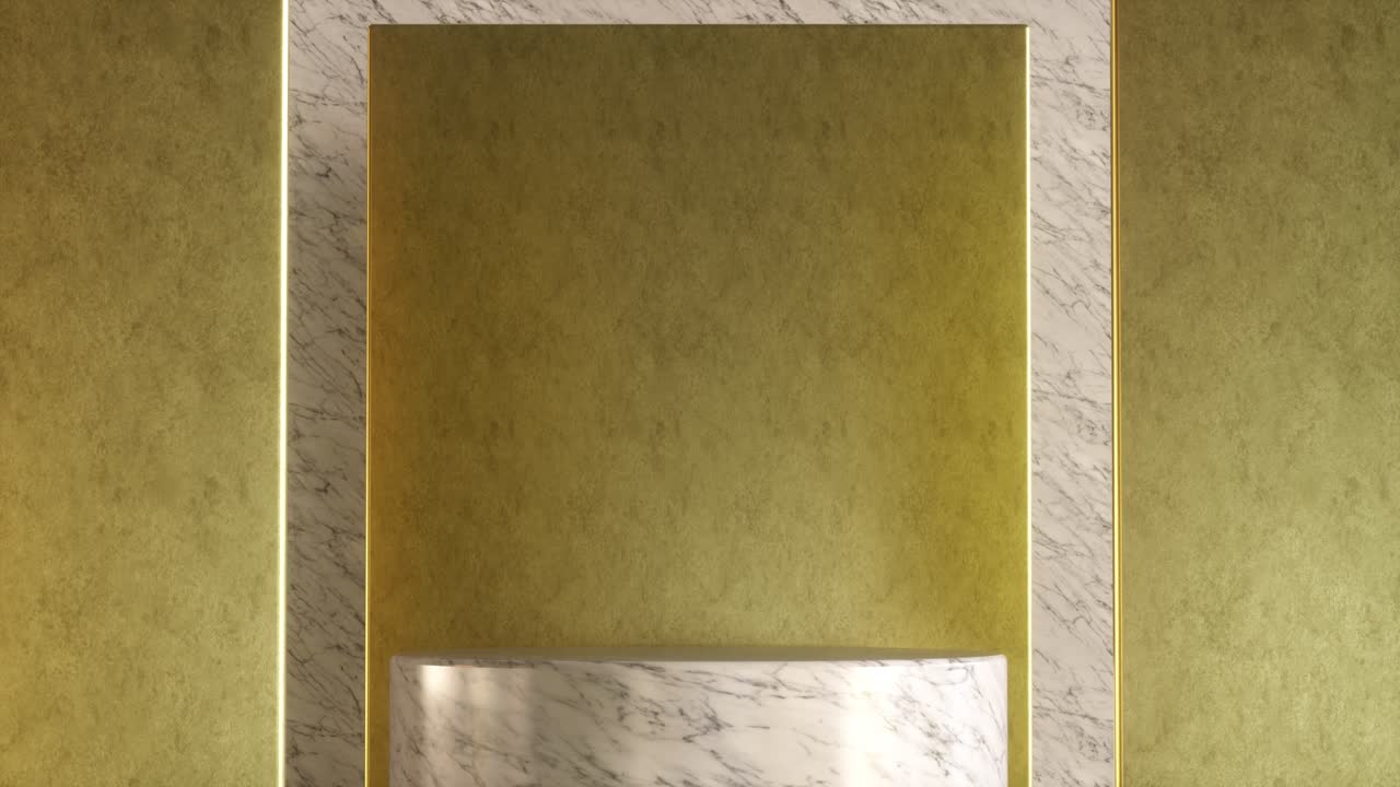 Shiny printed cylinder podium in studio with golden wall 3d render animation