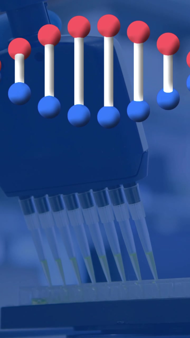 Animazione dell'elaborazione di dati scientifici di una doppia elica di DNA su uno scienziato in laboratorio.