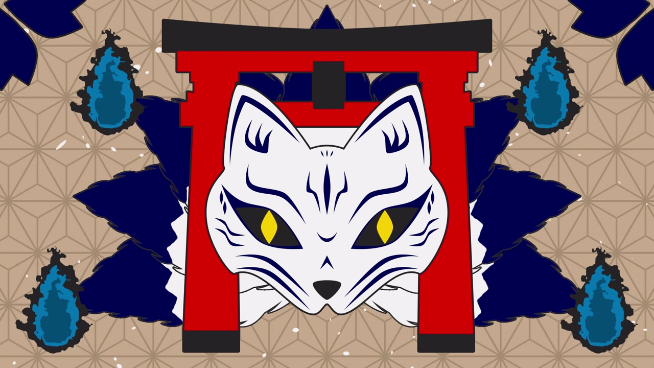 Maschera di spirito volpe giapponese con Torii
